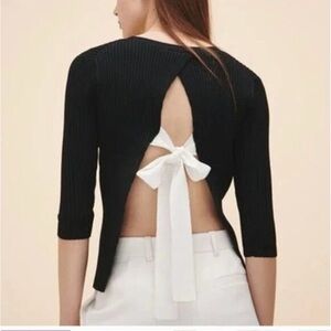 Maje Meely Black Ribbed White Open Back Tie Crewneck Sweater Pullover
